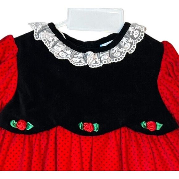 New Toddler Girl Red Dress Size 18 Month Velvet Black Rose Lace Polka Dot VTG - Picture 3 of 6